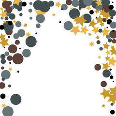 Gold, blue, brown, black confetti with circles and stars. Cosmic shine. Christmas abstract pattern. Beautiful illustration for postcard, banner, web. Background for the image. Vector illustration