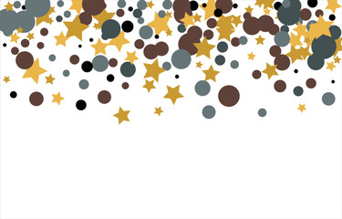 Gold, blue, brown, black confetti with circles and stars. Cosmic shine. Christmas abstract pattern. Beautiful illustration for postcard, banner, web. Background for the image. Vector illustration