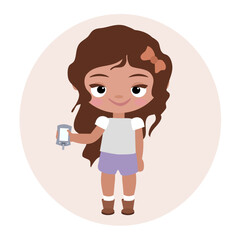 Diabetes patient girl. Diabetic. Girl with glucose meter, monitor. Diabetic concept. Children, kids. Banner, web, icon, e-commerce, advertise, merchandise.Type 1 diabetes, type 2. Cartoon woman 