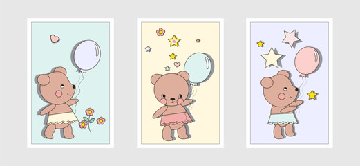 Greeting cards birthdays, baby shower. Set, collection. Vector illustration. Greeting card design, template. Child, kids. Baby shower invitation. Cute bear with balloon , flowers, stars, heart