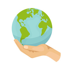 Save planet hands. Cartoon human hands hold different ecological symbols and elements, environment protection sign.