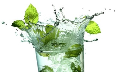 Mint Julep cocktail splashing into glass with mint leaves isolated on white background. Mint Julep. Alcoholic Drink Concept. Cocktail.