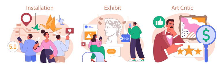 Museum or art gallery exhibition set. Visitors exploring diverse artworks. Curator guiding a excursion with interactive displays. Contemporary and classic art installation. Flat vector illustration