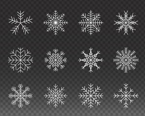 Snowflake set on isolated background. Isolated snowflake collection. Christmas New Year elements. Frozen silhouettes of crystal snowflakes.