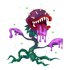 Naklejka premium Cartoon carnivorous plant. Flytrap or flower predator. Angry flowers with teeth. Fantasy scary flower