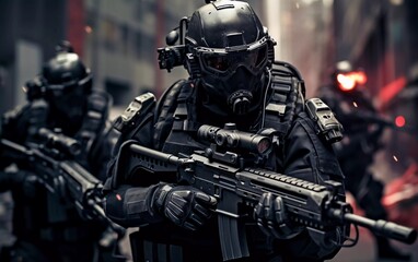 Realistic photo of special forces soldiers with high-tech weapons. generative ai - obrazy, fototapety, plakaty