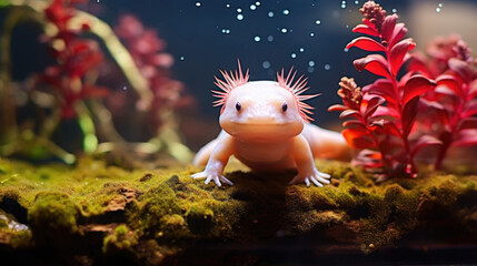 the unique axolotl swims gracefully, a captivating marvel - obrazy, fototapety, plakaty