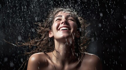 Beautiful young brunette girl dancing in the rain on a summer festival