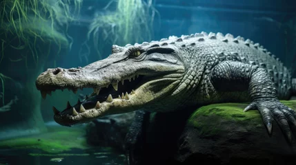 Fotobehang Crocodile emerges from emerald waters, a wild jungle backdrop © Valeriia