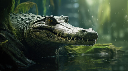 Fototapeta premium Glistening crocodile bask in tropical waters, blending with lush foliage