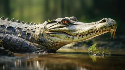 Obraz premium Majestic croc rests by riverbank amidst vibrant jungle scenery