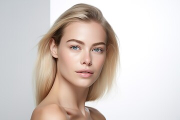 Naklejka premium portrait woman beauty beautiful female young face model skin fashion girl hair white healthy eye care clean adult studio attractive cosmetic pretty hygiene caucasian make-up natural