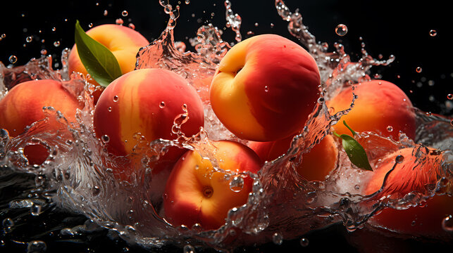 Peach commercial photography, with water splash photography effect, fruit commercial photography