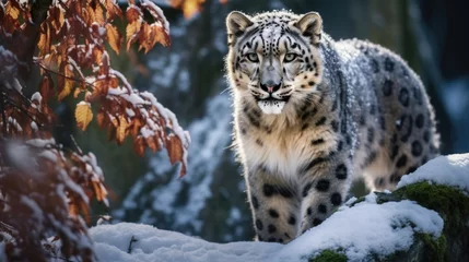 Papier Peint photo Lavable Léopard Majestic snow leopard traversing its natural snowy terrain