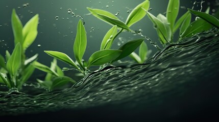 Herbal drink wave splash with green tea leaves and water flow. Vector organic beverage 3d...