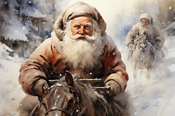 Santa Claus riding in sleigh and driving his harness of horses in the fairy winter forest. Christmas card, drawing with watercolors - obrazy, fototapety, plakaty