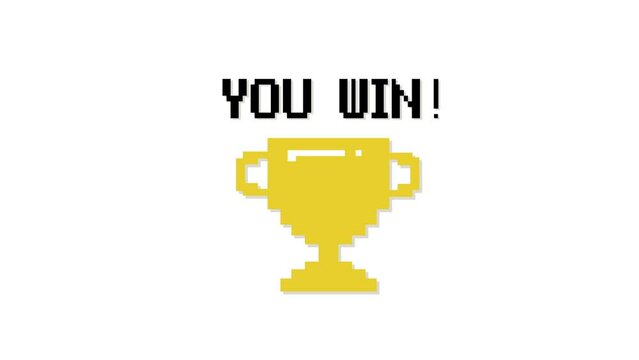 Pixel art 8-bit You Win text with one big winner golden cup on white background	