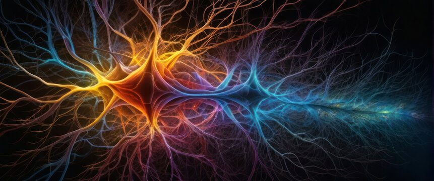 Colorful glowing nerves, concept Evolution of expanding the quality of thought through the nervous system.