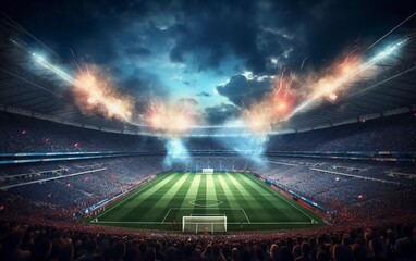 Realistic photo of football match, view inside football stadium with fans and lights. generative ai