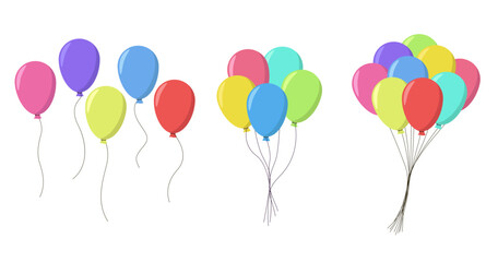 Balloons flying up. Air baloons groups, festive decorations floating. Baloons bunches, bundles. Festive decorations floating, soaring. Helium ballons decor on strings. © Viktoriia