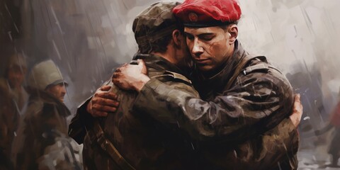 father hugging son, sad atmosphere, rainy gray weather. banner, poster, abstract