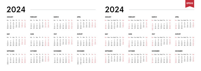 Minimalistic vector calendar 2024 in classic style, two options with week start Sunday and Monday, Work or business planner year, English version