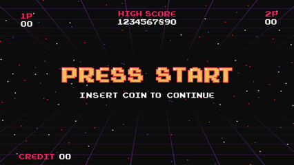 PRESS START INSERT A COIN TO CONTINUE .pixel art .8 bit game.retro game. for game assets in vector illustrations.Retro Futurism Sci-Fi Background. glowing neon grid.and stars from vintage arcade comp	 - obrazy, fototapety, plakaty
