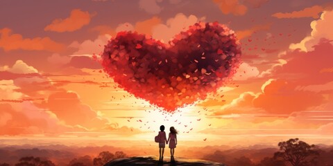 young couple holding hands under a big heart of petals on a hill enjoying the sunsett, banner, poster, copy space