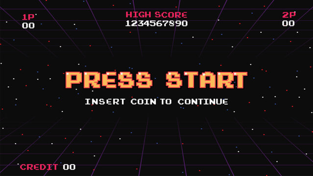 PRESS START INSERT A COIN TO CONTINUE .pixel art .8 bit game.retro game. for game assets in vector illustrations.Retro Futurism Sci-Fi Background. glowing neon grid.and stars from vintage arcade comp	
