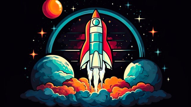 Space rocket launch and flies. Rocket ship retro vintage illustration. - Powered by Adobe