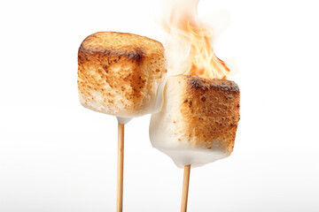 Sticks with roasted marshmallows on white background. Generative AI - obrazy, fototapety, plakaty