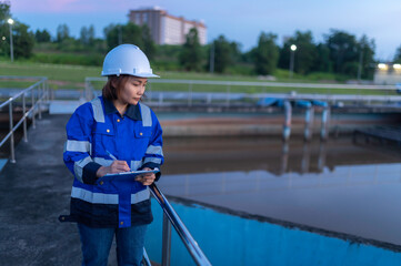 Environmental engineers work at wastewater treatment plants,Water supply engineering working at Water recycling plant for reuse,Check the amount of chlorine in the water to be within the criteria. - obrazy, fototapety, plakaty