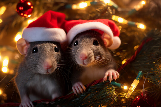 Generative AI picture of adorable mouse wearing santa cap new year season celebrations portrait
