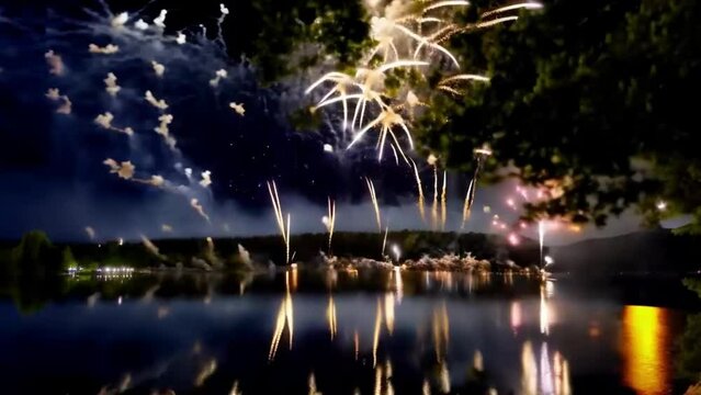 Beautifully shot explosions of colorful fireworks over the lake. A short video of colorful fireworks.
