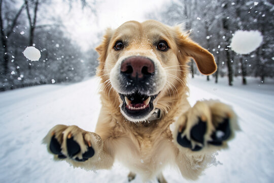 Fluffy human friend happy dog playing in the snow posing running outdoors Generative AI picture