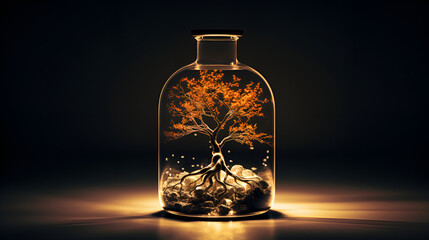 Beautiful picture of a tree in a glass bottle. Generative AI