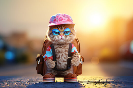 A cat traveler with cool, trendy clothes, blue glasses, a pink cap, high-colored platform shoes, and a brown, full-length backpack standing on cobblestones on a blurred street background.