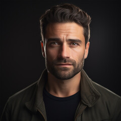 Fototapeta premium Portrait of an adult man in his 30s headshot photograph. Warm and friendly face with a dark out-of-focus background
