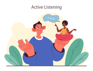 Active listening skill. Attentive business character or employee soft skills development. Conversation, negotiation, emotional intelligence and team work. Flat vector illustration