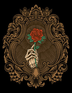 Illustration vector skull holding rose flower with engraving ornament frame