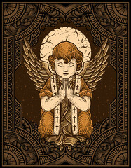 Fototapeta na wymiar Illustration vector cupid angel praying with engraving ornament frame. Vector design