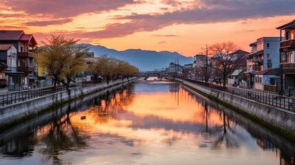 Toyama townscape near the lake japan beautiful city - obrazy, fototapety, plakaty