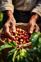 Hands hold coffee berries in a basket. The concept is sustainable farming.