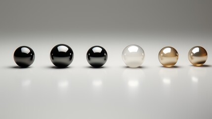  a row of black and white balls sitting next to each other on a white surface in the middle of a row of black and white balls in the middle of the row.