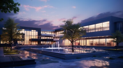 Fototapeta premium School building front view with green lawn modern school house exterior with cityscape, trees. Elementary children education, study, learning, city architecture flat vector illustration