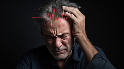 A Man headache with brain anatomy with pulse line, Stroke awareness day , Stress, a disorder .