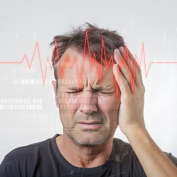 Man headache with brain anatomy with pulse line, Stroke awareness day , Stressfull, disorder .