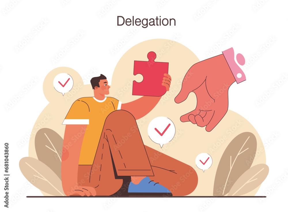 Poster delegation. task assignment and control. leader or manager transferring a task to a responsible empl