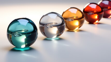  a row of colorful glass eggs sitting on top of a white table next to each other on top of a white surface with a reflection of a person's face in the middle.
