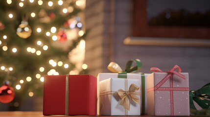 Christmas Magic in Detail Close-Up Photo of Gifts and Lights - Festive Spirit - Created using Generative AI